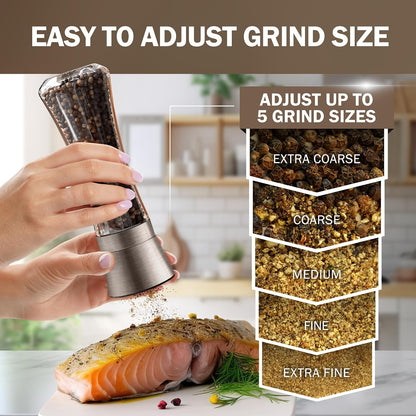 Home EC Premium Stainless Steel Sea Salt and Pepper Grinder Set of 2 - Adjustable Ceramic - Tall Glass Salt and Pepper Shakers - Kitchen Spice Mill W/Funnel & EBook
