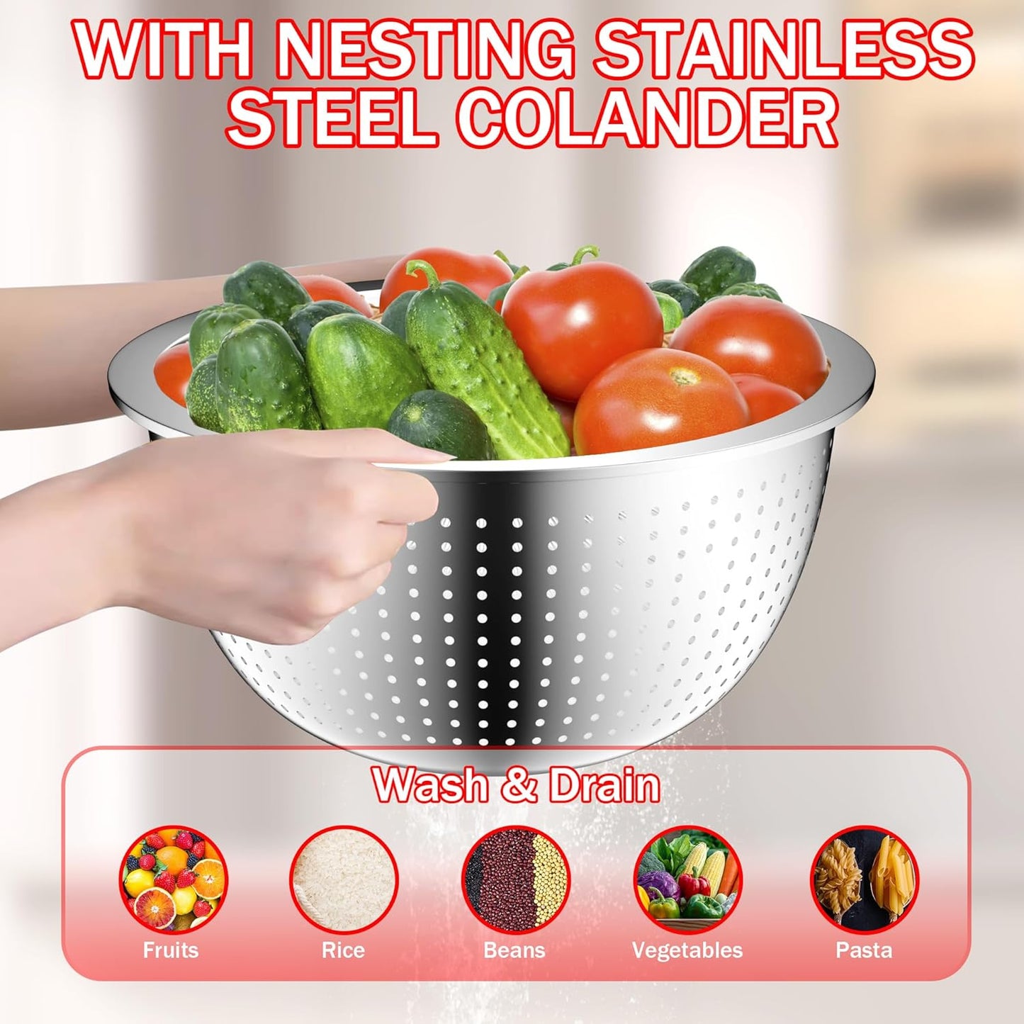 DUTZUN Mixing Bowls with Lids Set - 16pcs Stainless Steel Mixing Bowl Set with Colander, 3 Grater Attachments, Non-Slip Bottom, Metal Nesting Bowls with Strainer for Mixing & Serving - Black