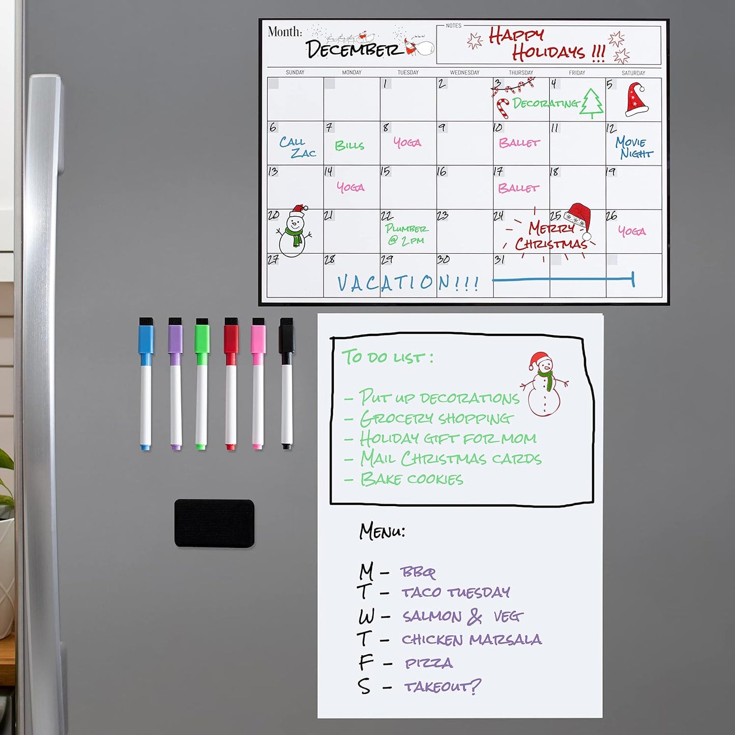 Cinch! Magnetic Calendar Bundle of 3 - Monthly, Weekly, Daily Planning Dry Erase Boards for Fridge - Magnetic Fridge Calendar Whiteboard Set with 6 Fine Tip Markers, Large Eraser, and Magnets