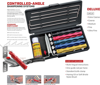 Lansky Deluxe Knife Sharpening System: 5-Stone Ceramic Knife Sharpener Kit with Honing Oil - LKCLX