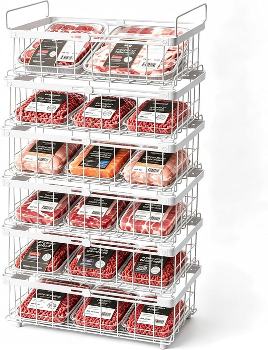 Freezer Organizer Bins, 6-Pack for Chest Freezers | Stackable & Expandable Storage Container with Handles | White Foldable Baskets for 10-20 Cu. Ft. | for Sorting Frozen Meats