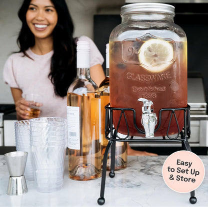 Estilo Gallon Drink Dispenser with Stand - Glass Beverage Dispenser with Stand for Weddings - Sun Tea Jar with Spigot 1 Gallon - Countertop Glass Water Dispenser for Lemonade and Parties