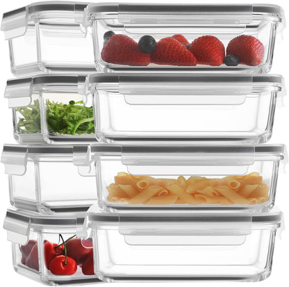 8 Pack 36oz Large Glass Meal Prep Containers with lids, Glass Food Storage Containers with Leak Proof Snap Lock Lids , Airtight Bento lunch Boxes, Kitchen Storage, Oven, Freezer and Dishwasher Safe