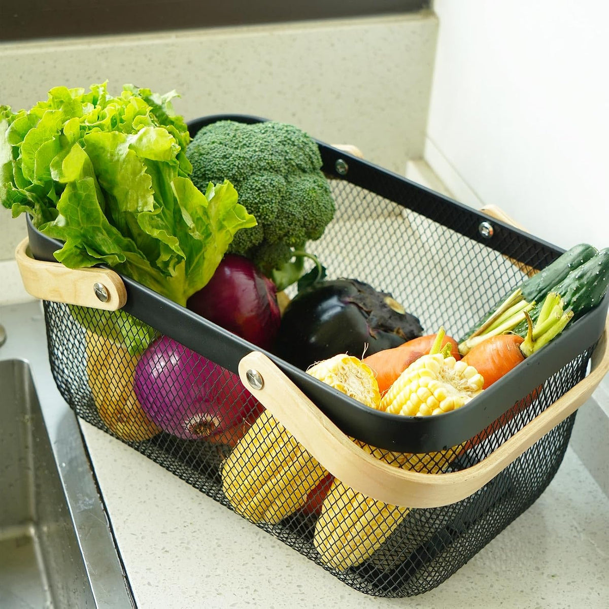 Metal Mesh Steel Harvest Basket, Rectangle Wire Garden Basket with Handle – Multi-functional Storage Organizer for Gathering Vegetables, Fruits, Kitchen, Garden, Picnic & Cabinet (Ivory)