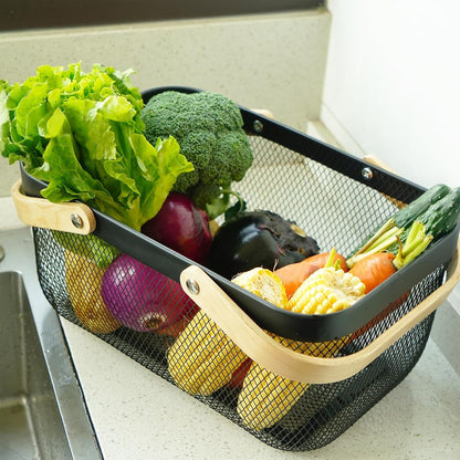 Metal Mesh Steel Harvest Basket, Rectangle Wire Garden Basket with Handle – Multi-functional Storage Organizer for Gathering Vegetables, Fruits, Kitchen, Garden, Picnic & Cabinet (Ivory)