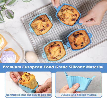 Koluti Nonstick Silicone Muffin Baking Cups Pack of 12, Reusable Cupcake Molds with Double Handle, BPA Free, Mini Round Air Fryer Cupcakes Liner, 3 Colors