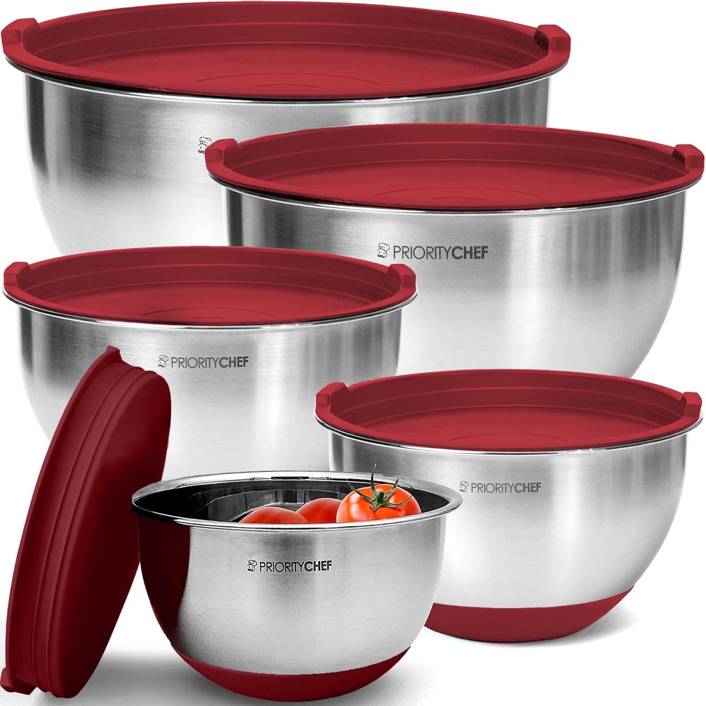 Priority Chef Premium Mixing Bowls With Lids Set, Airtight Lids, Thicker Stainless Steel, Non-Slip Base, 5 Nesting Steel Bowls for Kitchen, Large Prep Metal Bowl Set 1.5/2/3/4/5 Qt, Black