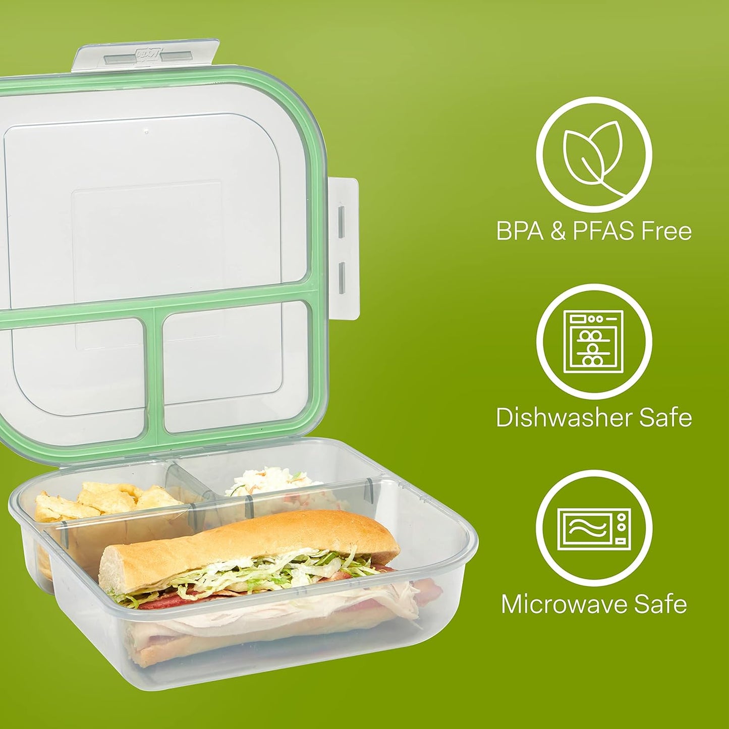 MyGo Container Large To-Go 3-Compartment Food Containers, Pack Of 3, 9-3/8" X 9-3/8" X 2-1/2", Reusable, Microwave Safe, NSF Certified, Smoke/Green