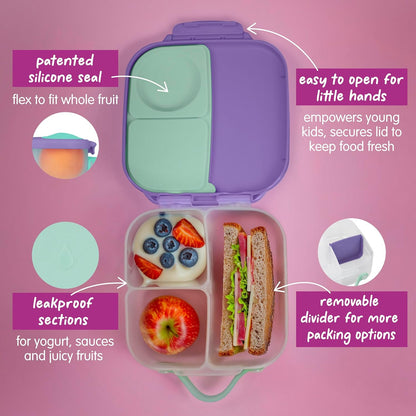 b.box Mini Lunch Box 2-Pack, Leak Proof Bento Box for Kids, 3 Compartment Snack Containers Ages 3+, Lunchbox for Daycare + School, Dishwasher Safe, BPA-Free, PFAS-Free, 4.25 Cup - Blue + Green