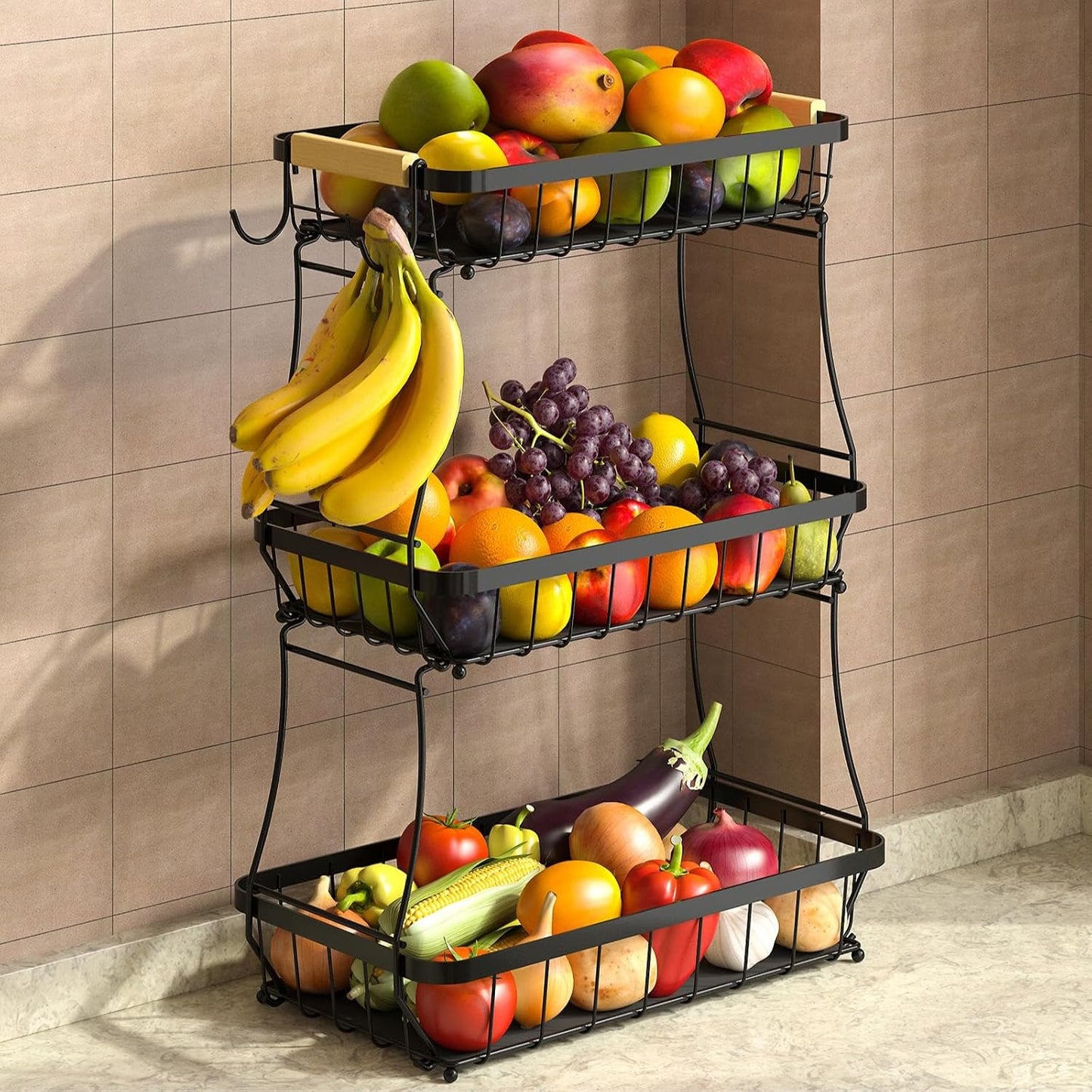 Sevenblue 2 Tier Large Fruit Basket for Kitchen Counter with 2 Mobile Banana Hangers, 2026 Pro Detachable Metal Fruit Bowl with Wooden Handle, Fruit Holder for Bread Snack Veggies with Protective Mats
