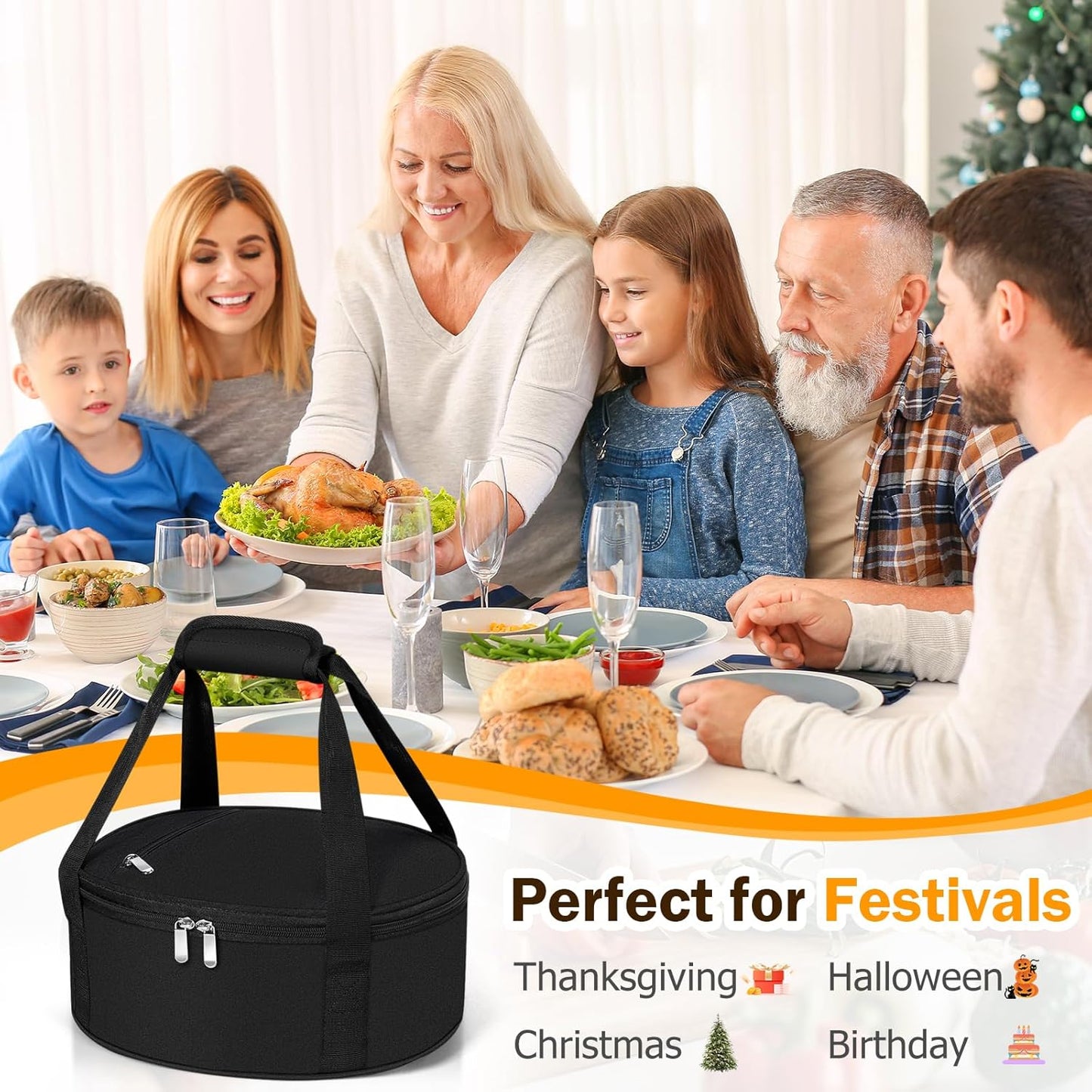 Round Insulated Casserole Carrier – 12" Portable Pie Carrier Bag for Hot or Cold Food, Leakproof Thermal Lunch Tote with Handle for Parties Picnic & Travel - Grey