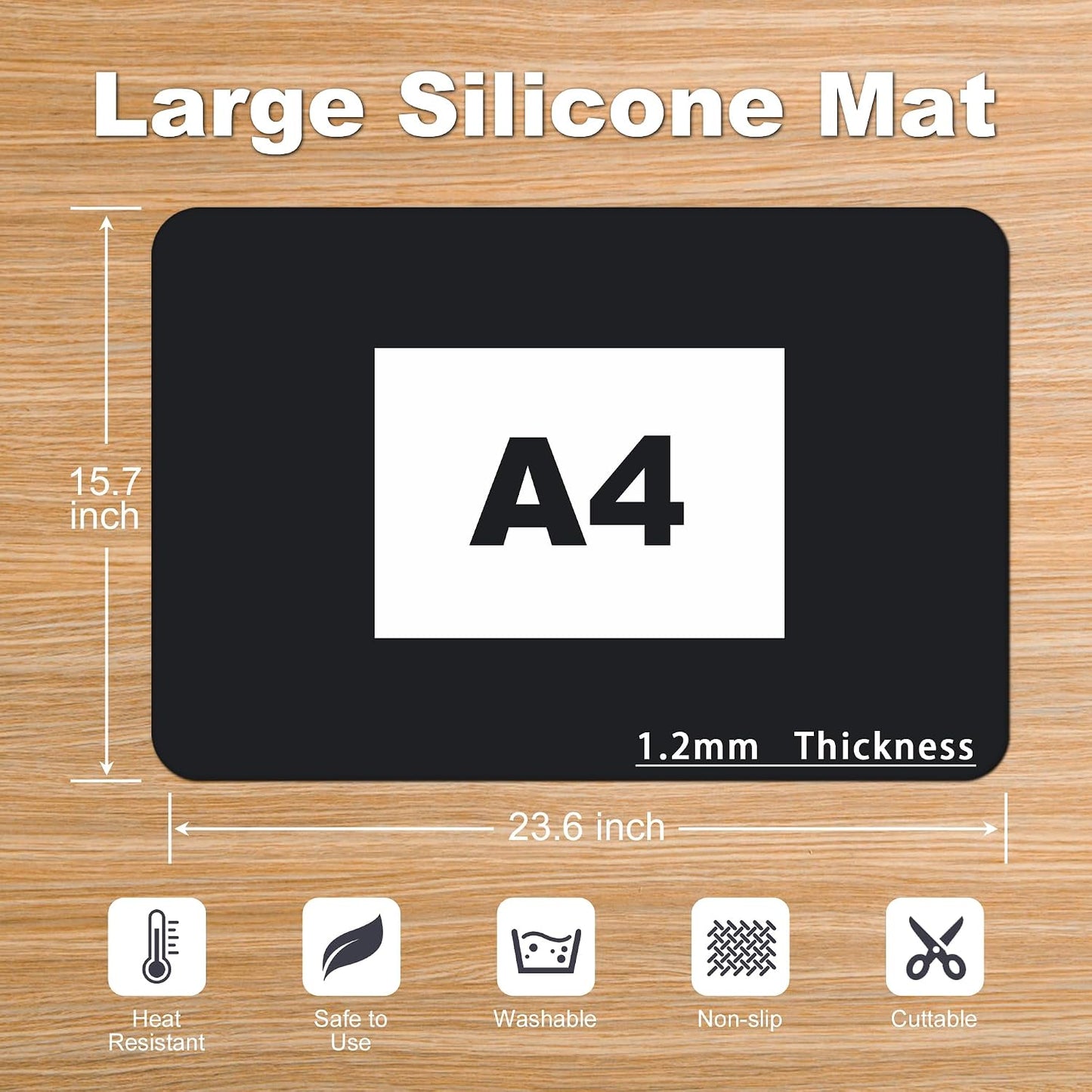 Silicone Mat for Kitchen Counter, Silicone Mat Trimable to Size (Black, 15.7×11.8inch-2pcs), BPA-Free Silicone Placemat, Heat-Resistant NonSlip Table Mat for Air Fryer, Countertop Protector Mat