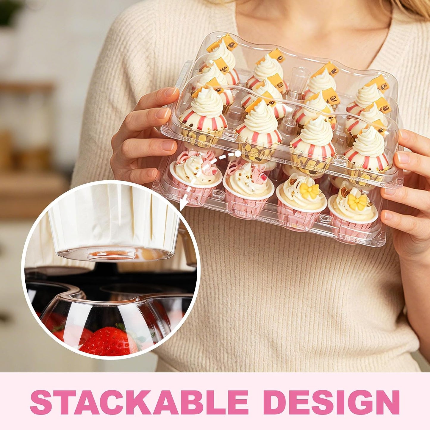 LotFancy (12 Count x 12 Sets) Cupcake Containers with 144 Liners, Thick Plastic Cupcake Boxes Holders, BPA Free, Disposable Cupcake Carrier with Detachable Tall Dome Lid