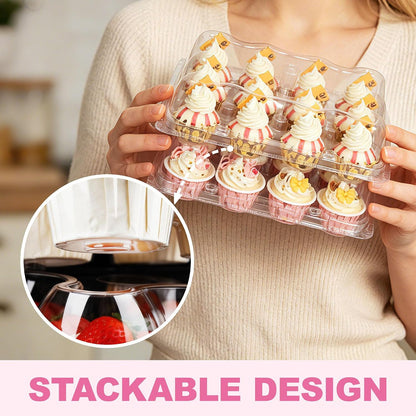 LotFancy (12 Count x 12 Sets) Cupcake Containers with 144 Liners, Thick Plastic Cupcake Boxes Holders, BPA Free, Disposable Cupcake Carrier with Detachable Tall Dome Lid