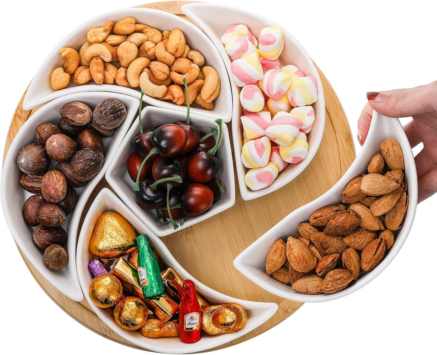 Cididu Ceramic Serving Tray Platters Lazy Susan, Rotating Divided Serving Set with 6 Removable Compartment, 11'' Appetizer Relish Dish, Snack Bowl Set for Christmas, Thanksgiving, Party, Kitchen