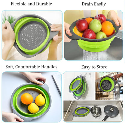 UVB Collapsible Colander Set, Space-Saving Foldable Kitchen Strainer for Pasta, Vegetables & Fruit, Colander for Kitchen with 2 Stainless Steel Hooks & Silicone Funnel – Blue