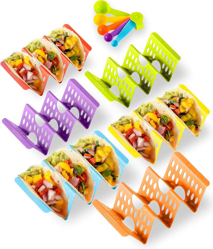 Premium Taco Holder Stand, Colorful Large Taco Holders Set of 6 or 4, Taco Stands for 3 Tacos for Soft/Hard Shells, Street Taco Rack with Plates & Tray, Dishwasher & Microwave Safe