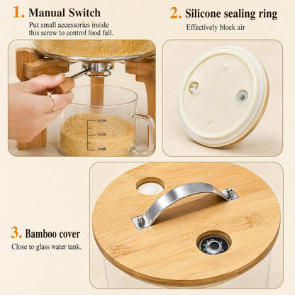 Goaste Glass Rice Dispenser with Bamboo Stand, 5L Flour Cereal Container with Airtight Lid, 8 Lbs Large Grain Food Storage Bucket, Countertop Beans Storage Tank with Measuring Cup & Valve for Dry Food