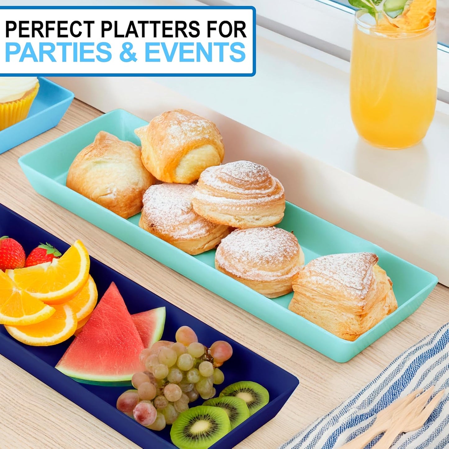US Acrylic Coastal Plastic Serving Trays (Set of 4) 15” x 10” | Large Unbreakable Reusable Rectangular Party Platters | Serve Appetizers, Fruit, Veggies, & Desserts | BPA-Free & Made in USA