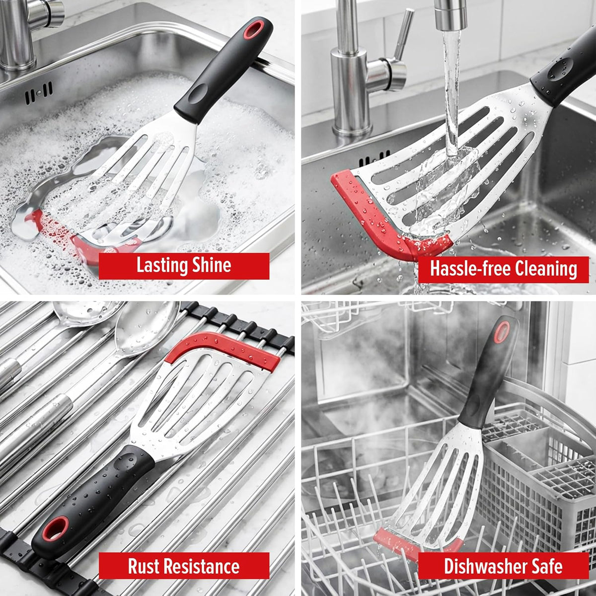 2pcs Silicon Fish Spatula | Heat Resistant | Stainless Steel Turner with Black Handle, Silicone Edge, Thin Slotted Metal Flipper for Nonstick Cookware, Fish, Omelets, Egg, Pancake, Steak