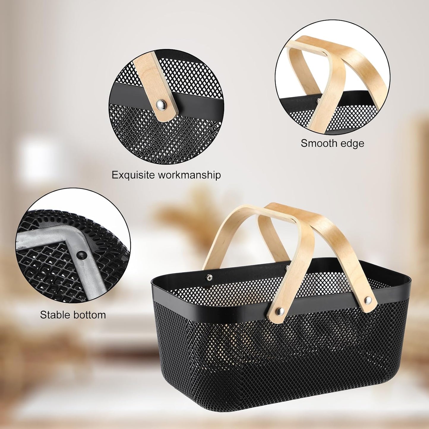 Sadnyy 4 Pcs Plastic Mesh Garden Harvest Basket Storage Basket with Wooden Handle Multi Functional Mesh Bin for Kitchen Cabinet Picnic Fruit Vegetable Gathering Organizer(Large,White)