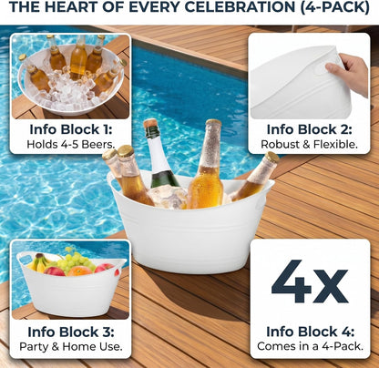 TOPZEA 4 Pack Oval Storage Tub, 4.5 Liter Plastic Wine Bucket Ice Bucket Beverage Tub Party Tub for Ice, Beer, Wine, Drink Cooler Bucket for Bar, Champagne Beverage Chiller Bin for Indoor Outdoor Use