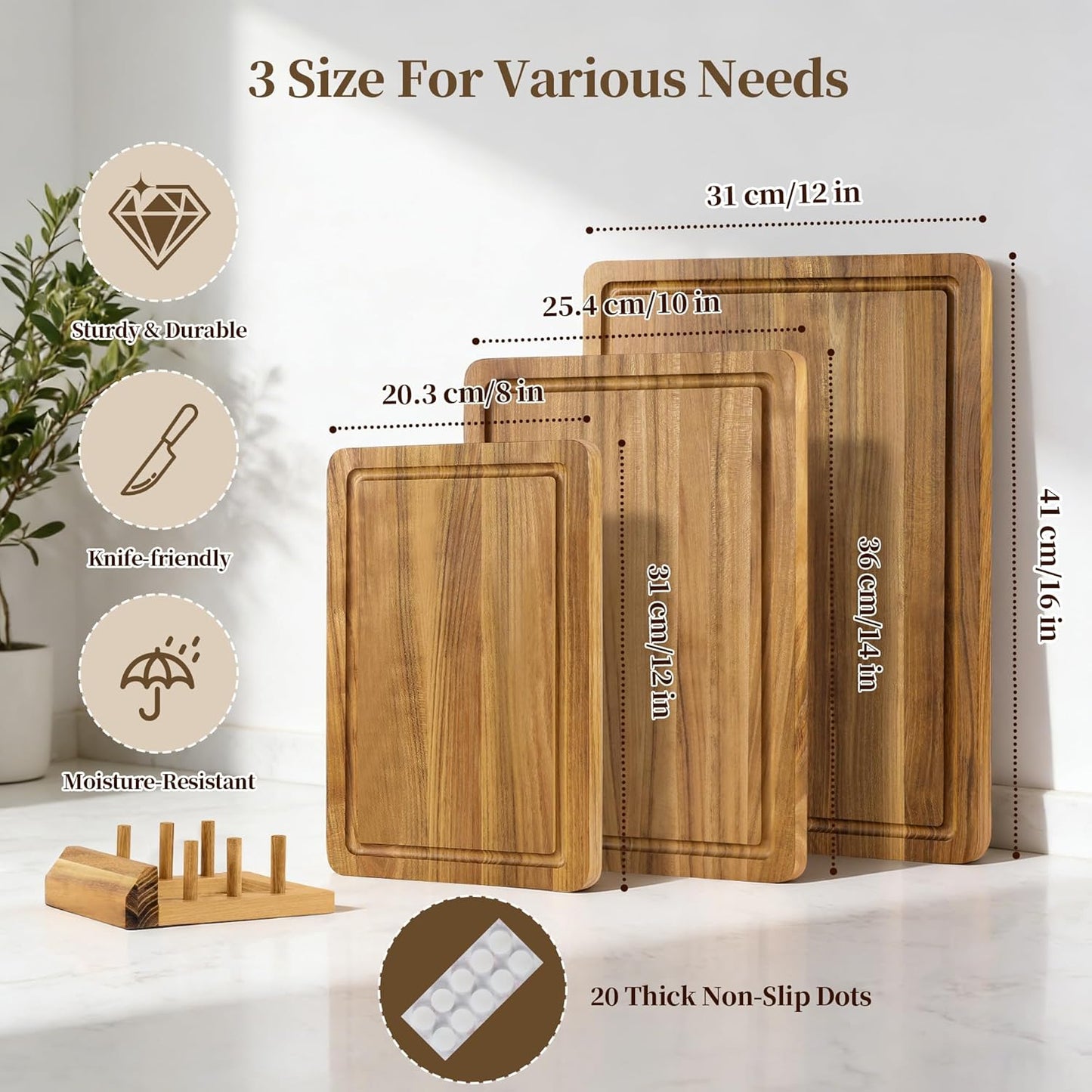 Teak Cutting Board Set for Kitchen - 3 PCS Solid Teak Wood Chopping Board with Holder & Juice Groove, Hardwood Cutting Boards for Meat, Fish, Vegetables, Fruits (Small, Medium, Large)