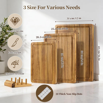 Teak Cutting Board Set for Kitchen - 3 PCS Solid Teak Wood Chopping Board with Holder & Juice Groove, Hardwood Cutting Boards for Meat, Fish, Vegetables, Fruits (Small, Medium, Large)