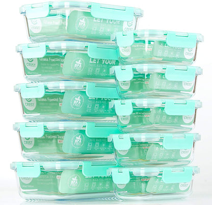 C CREST [10 Pack] Glass Meal Prep Containers, Food Storage Containers with Lids Airtight, Glass Lunch Boxes, Microwave, Oven, Freezer and Dishwasher Safe