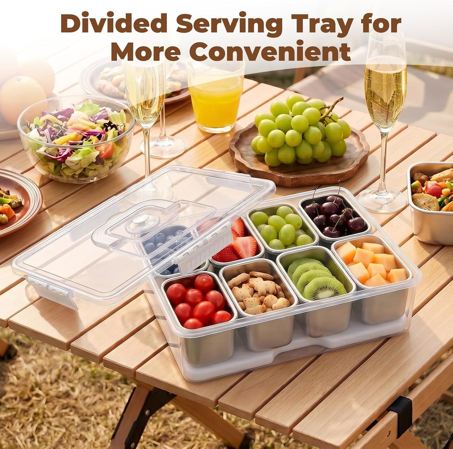 Homelove Snackle Box Container with ice-pack, Snack Container Divided Serving Tray with 8-Compartment Snack Platter, Lid and Handle, Food Organizer for Outdoor Travel Party Beach Picnic