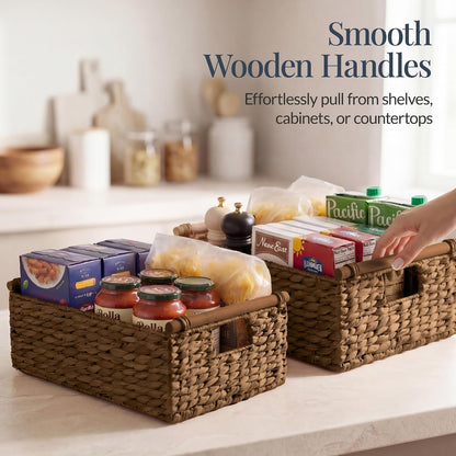 Best Choice Products Wicker Storage Basket, Shelf Organizer Basket w/Wooden Handles, Woven Rectangular Storage Bin, Natural Water Hyacinth for Pantry, Closet, Laundry Room, & Living Room - Chestnut