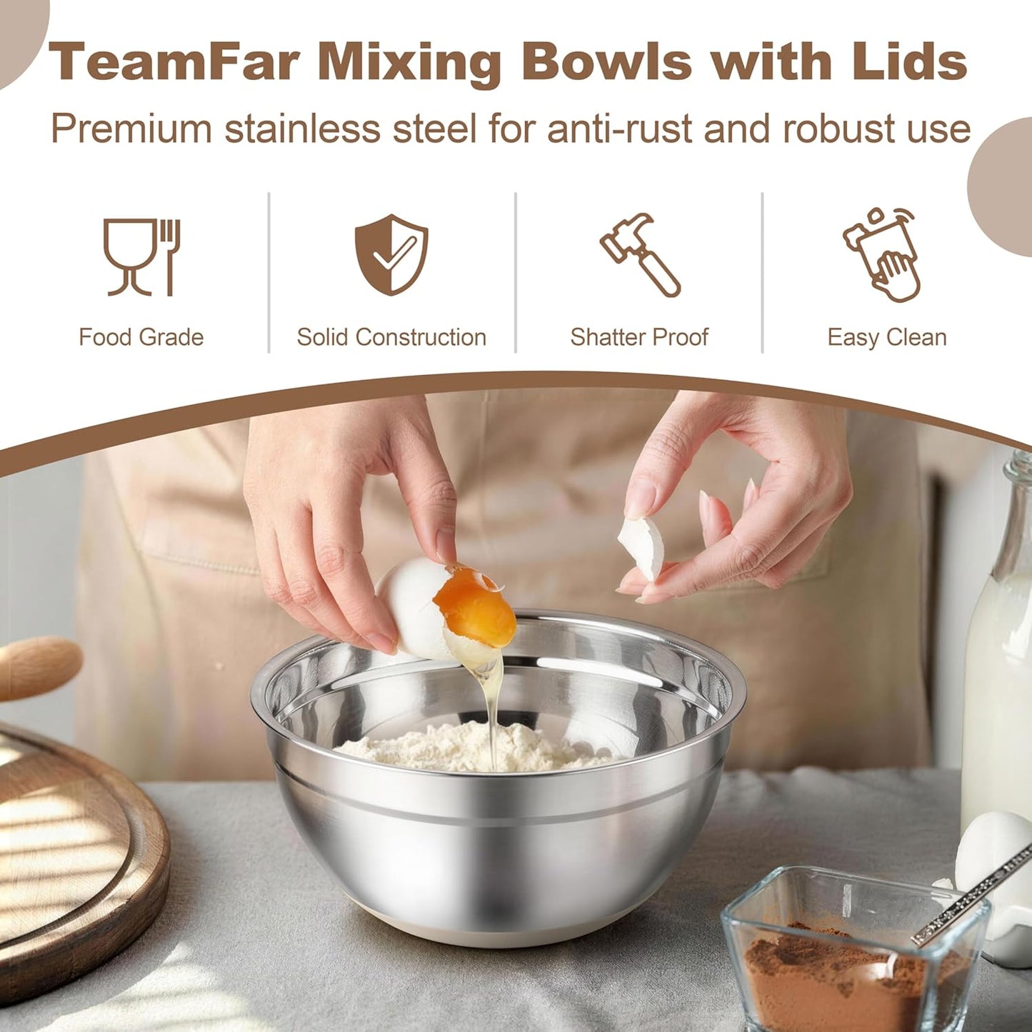 TeamFar Mixing Bowls, Stainless Steel Mixing Bowls with Lids, Nesting Salad Bowls with Air-tight Lids & Non-slip Bottom, Dishwasher Safe & Stackable, Set of 6-4.6/2.6/2 / 1.5/1 / 0.7 Qt