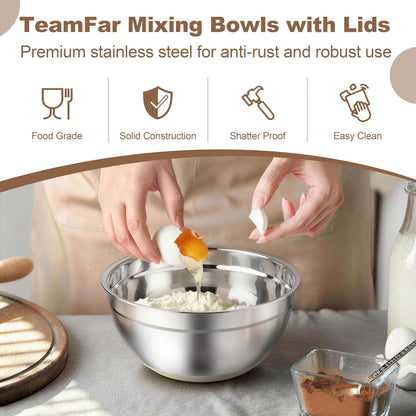 TeamFar Mixing Bowls, Stainless Steel Mixing Bowls with Lids, Nesting Salad Bowls with Air-tight Lids & Non-slip Bottom, Dishwasher Safe & Stackable, Set of 6-4.6/2.6/2 / 1.5/1 / 0.7 Qt