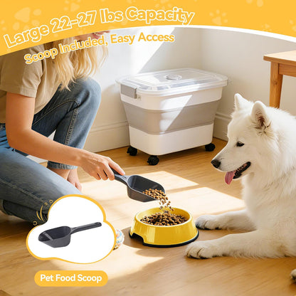 Dog Food Storage Container 20-25lbs, Airtight Pet Food Bin with Locking Lid & Clear Window, Collapsible Rolling Storage Container with Wheels & Scoop, Black