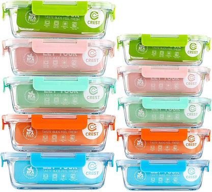C CREST [10 Pack] Glass Meal Prep Containers, Food Storage Containers with Lids Airtight, Glass Lunch Boxes, Microwave, Oven, Freezer and Dishwasher Safe