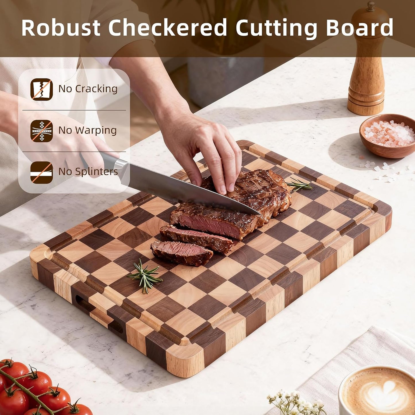 Checkered Cutting Board Set for Kitchen - 3 PCS Solid Wood End Grain Checkerboard Chopping Board with Holder & Juice Groove, Wooden Cutting Boards for Meat, Vegetables, Fruits (S, M, L)