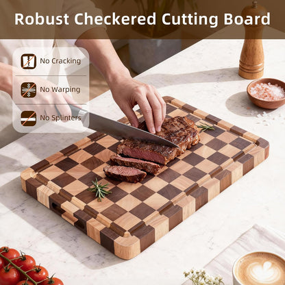 Checkered Cutting Board Set for Kitchen - 3 PCS Solid Wood End Grain Checkerboard Chopping Board with Holder & Juice Groove, Wooden Cutting Boards for Meat, Vegetables, Fruits (S, M, L)