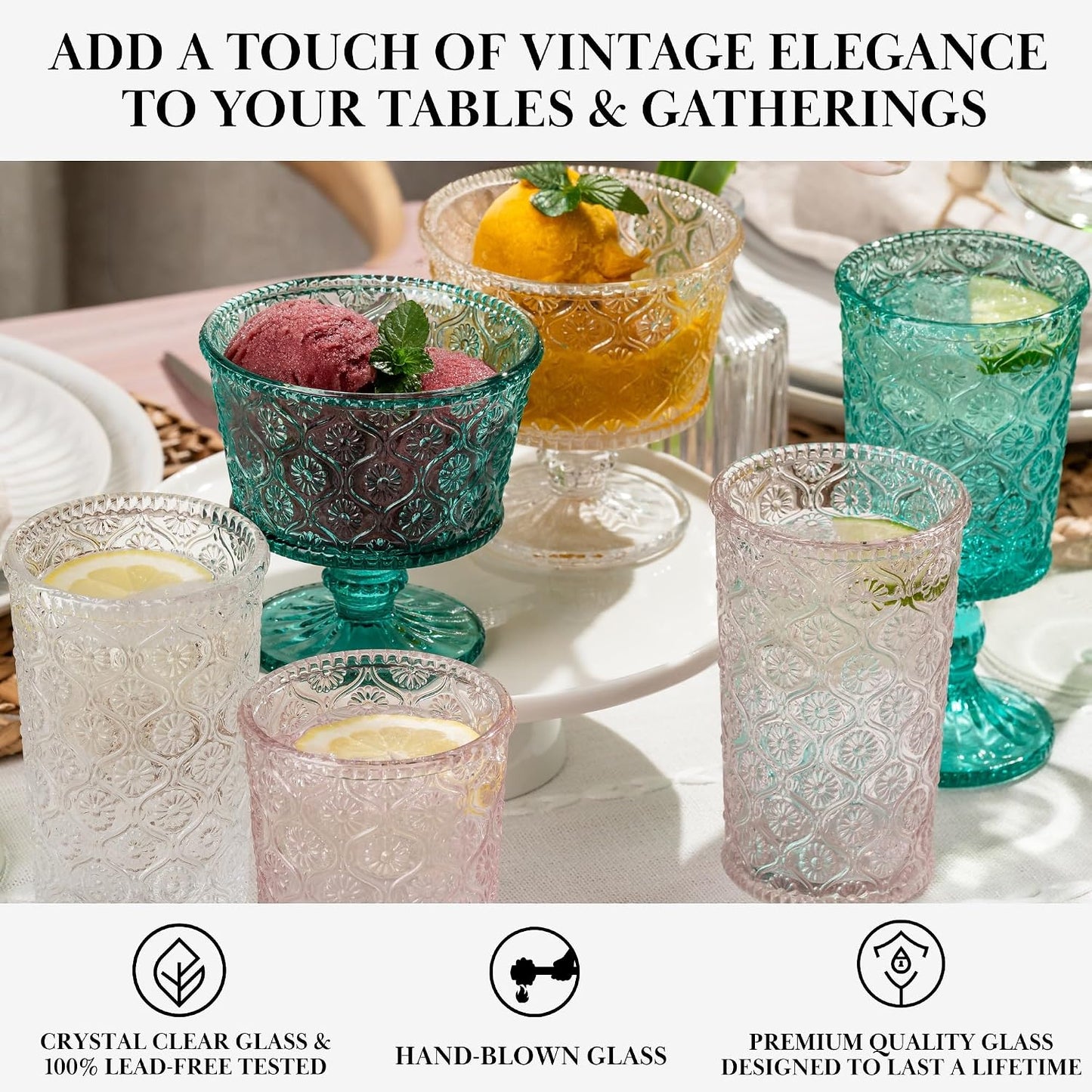 Cameo Clear Vintage Drinking Glasses Set of 4 Vintage Glassware with Engraved Flower Cup 9 oz Lead-Free Old Fashioned Cocktail Glasses Dishwasher Safe Drink Tumbler Whiskey Glasses Cups