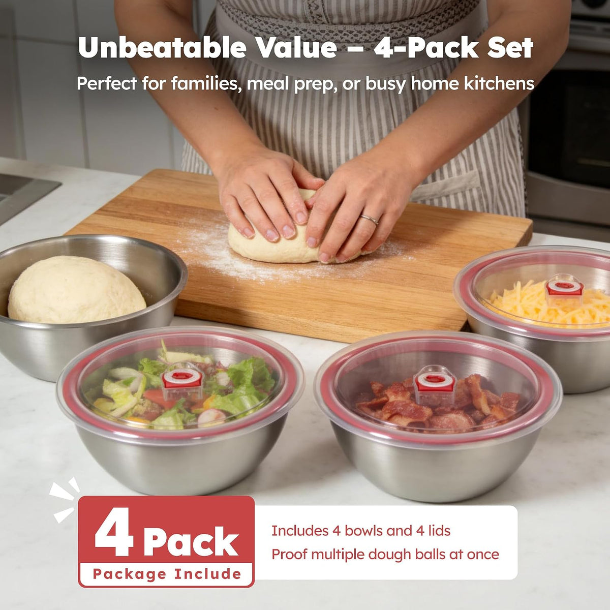 4-Pack Stainless Steel Pizza Dough Proofing Box with Clear Lids (1000ml)