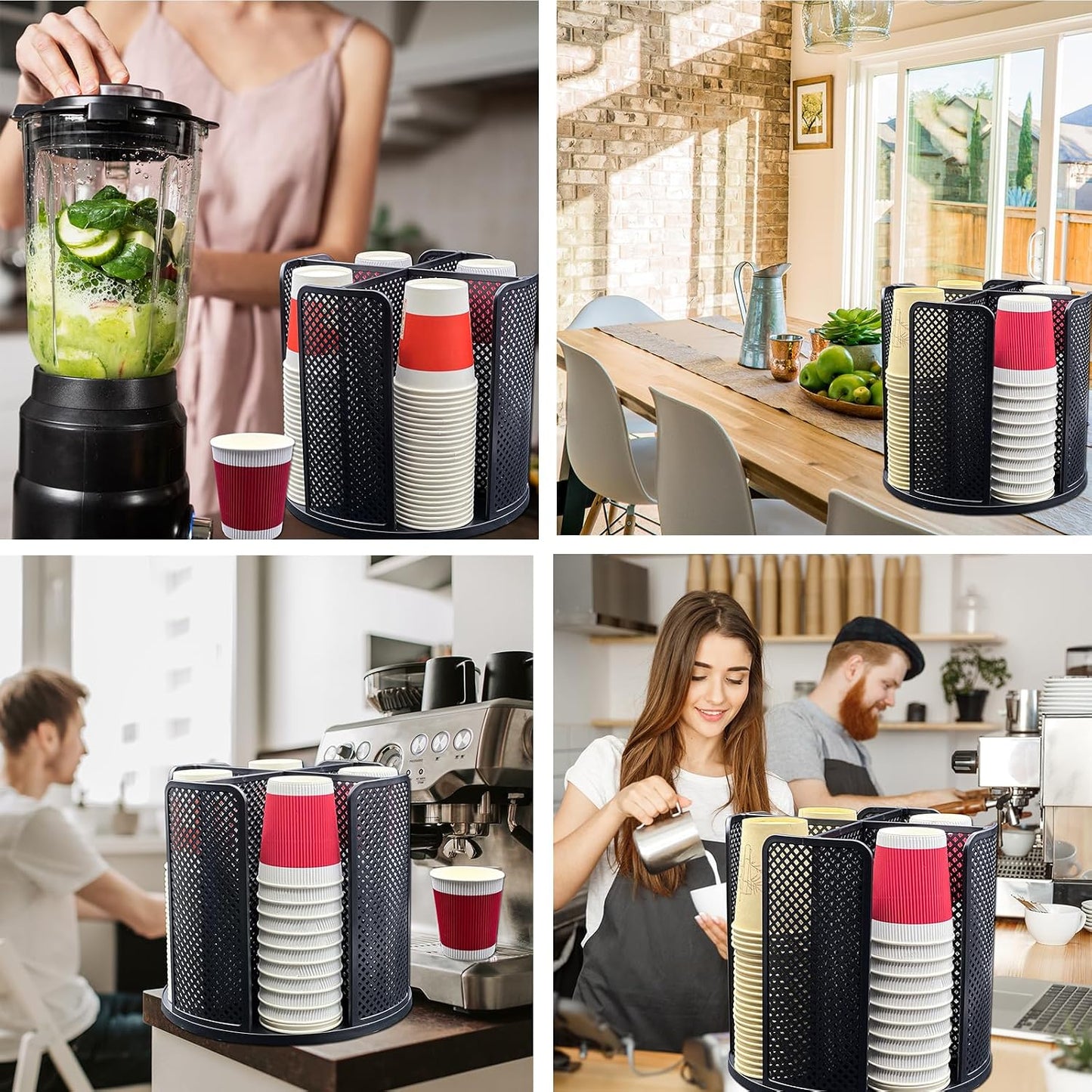 Paper Cup and Lid Holder, Rotatable Coffee Cup Dispenser fit 5-16oz Disposable Cups Organizer, Plastic Cup Storage Rack for Countertop, Coffee Shop, Station, Bar, Office,Kitchen, Black