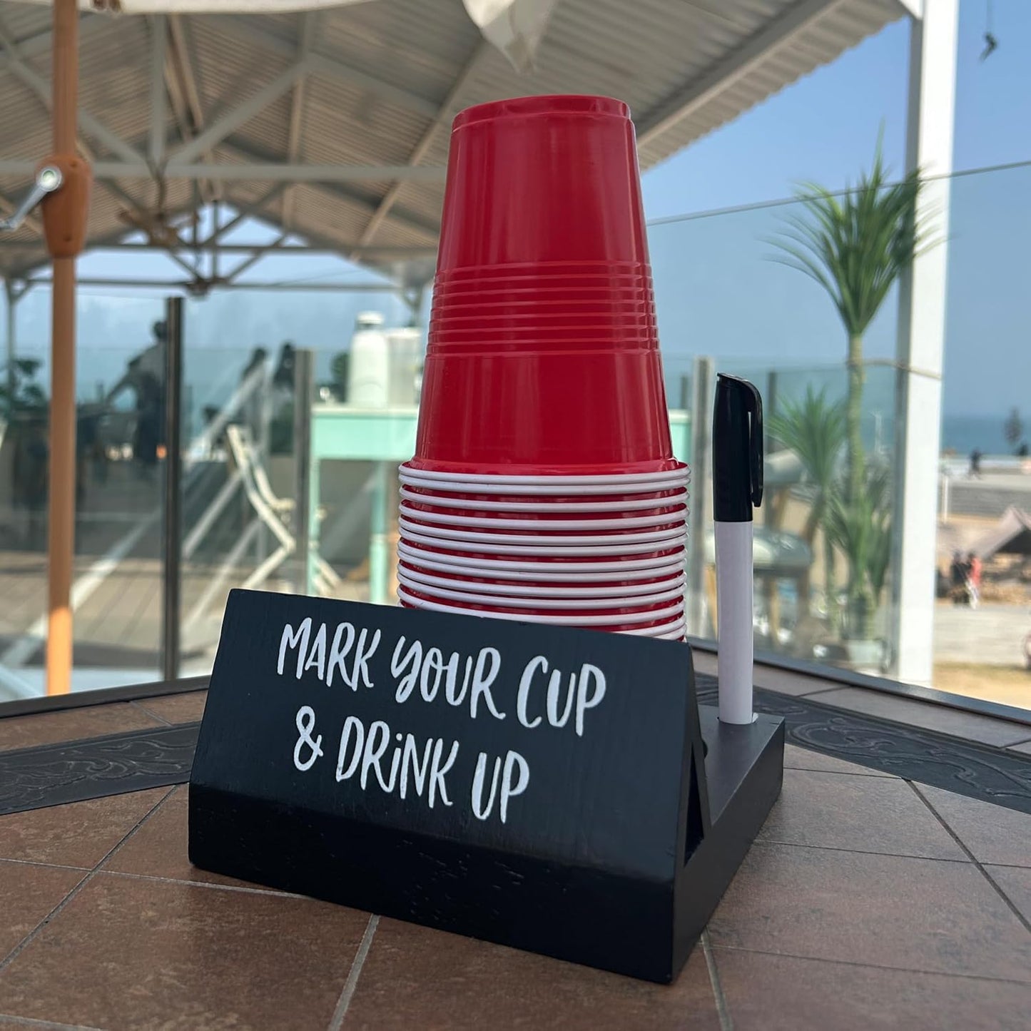 Wooden Brown Party Cup Holder with Marker Slot | Mark Your Cup and Drink Up Cup Holder |Hosting Party Essentials |Disposable Mug Dispenser for Birthday, BBQ, Holiday Events,Housewarming Gift (Brown)