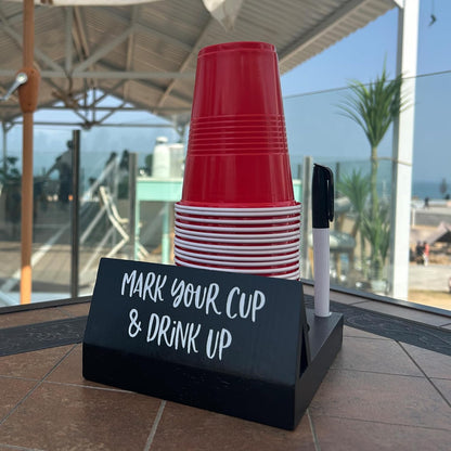 Wooden Brown Party Cup Holder with Marker Slot | Mark Your Cup and Drink Up Cup Holder |Hosting Party Essentials |Disposable Mug Dispenser for Birthday, BBQ, Holiday Events,Housewarming Gift (Brown)