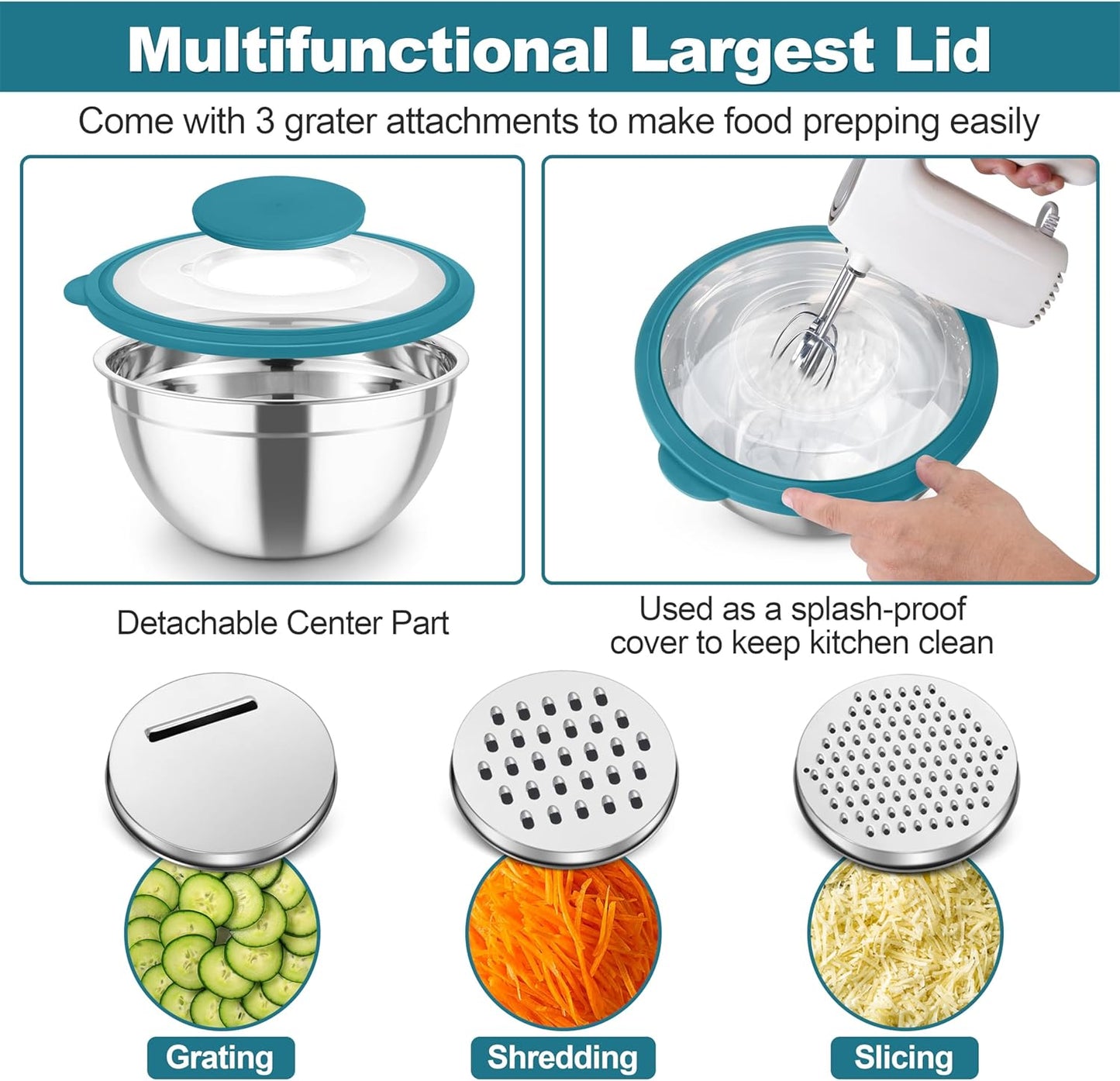 TeamFar Mixing Bowls, Stainless Steel Salad Serving Bowl with Clear Lids & 3 Graters, For Kitchen Cooking Prepping Storing, Size 4.6/2.6/1.5/1/0.7 QT, Nesting & Airtight, Set of 5 & Khaki