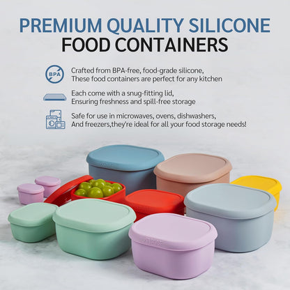 ISSEVE 6Pcs/Set Nesting Silicone Food Storage Containers with Lids, BPA Free Reusable Meal Prep Silicone Containers Lunch Box Bento Box Set (33.8oz, 20oz, 10oz, 6.7oz, 1.3oz) (Purple)