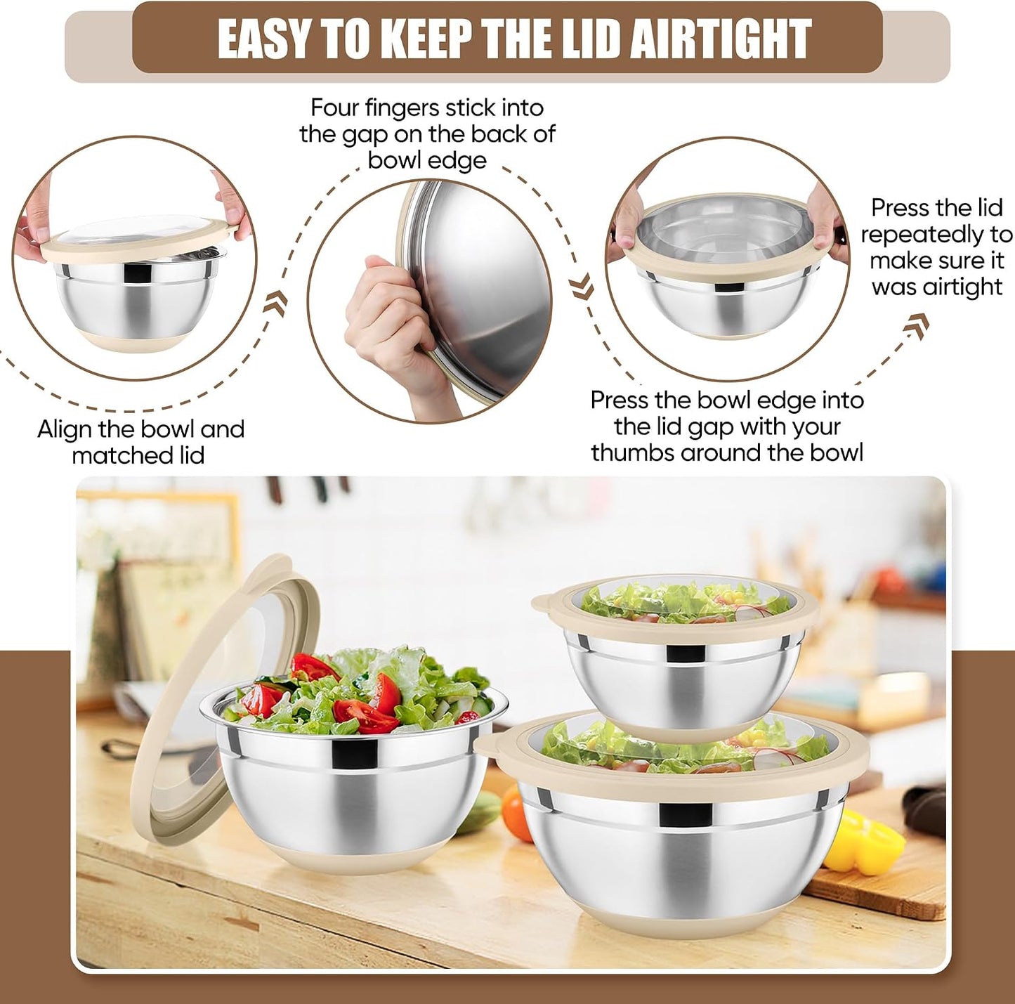 P&P CHEF Khaki Mixing Bowls Set of 6, Stainless Steel Mixing Bowl with Visible Lids for Salad, Metal Nesting Serving Bowls for Kitchen Cooking Prepping Storing Food, 4.6/3.5/2.6/2/1.5/1 QT