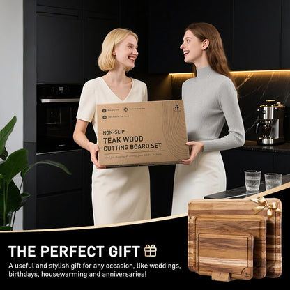 4 Pack Teak Wood Cutting Board Set for Kitchen Heavy Duty Non Toxic Non Slip Solid Thick Wood Haus Chopping Board Extra Large Big Small Meat Best Essential House Warming Hostess Host Gift