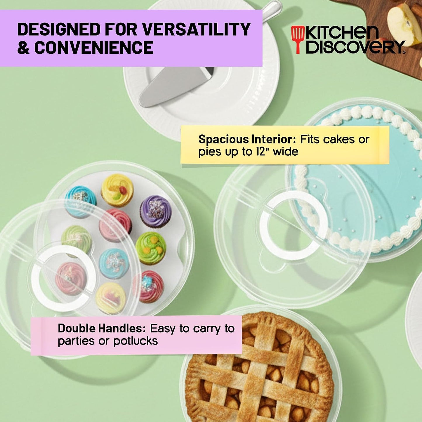 Kitchen Discovery Cupcake Carrier and Muffin Container Pie, Cake, and Cupcake Carrier with Lid and Handle for Safe Transport and Fresh Storage of a Variety of Desserts