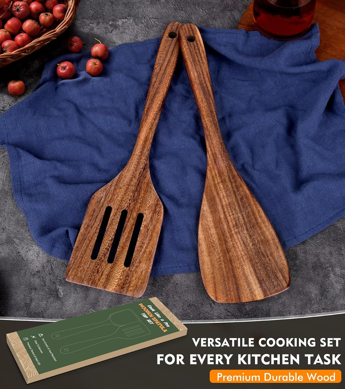 Wooden Spatula, Acacia Solid & Slotted Turner Spatula Set, Long Handle Flat Frying Spatulas, Ideal Kitchen Gift for Mother and Grandma, Kitchen Utensils Set for Cooking, Frying, Baking