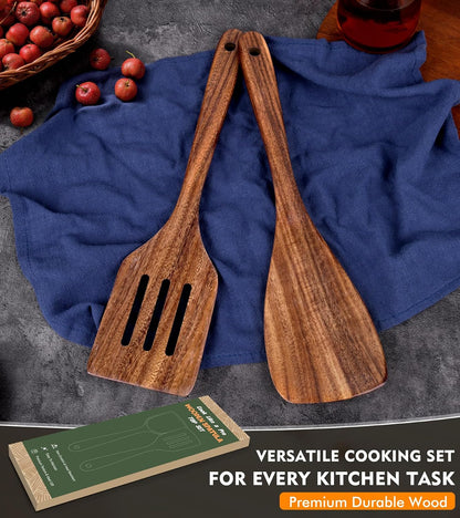 Wooden Spatula, Acacia Solid & Slotted Turner Spatula Set, Long Handle Flat Frying Spatulas, Ideal Kitchen Gift for Mother and Grandma, Kitchen Utensils Set for Cooking, Frying, Baking