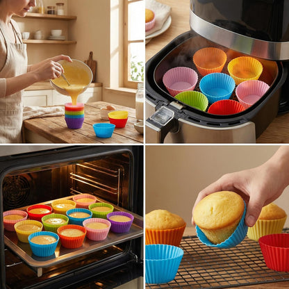 Reusable Silicone Cupcake Liners BPA Free Silicone Muffin Cups for Baking, Oven Microwave Air Fryer Safe, 2.75 x 1.7 x 1.2 Inches, Dishwasher Safe Baking Cups, 8 Rainbow Colors, 48 Pack
